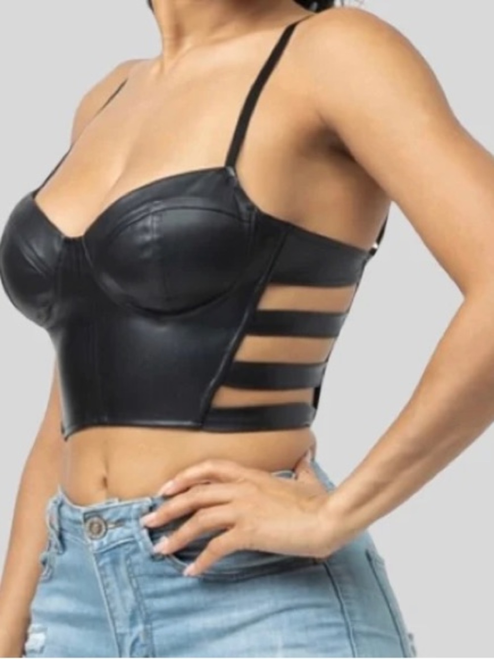 Say What? Black Faux Leather Strappy Bustier Crop‎ Top Size Medium